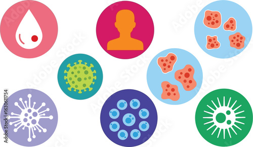 Illustration of various microscopic organisms and human silhouette