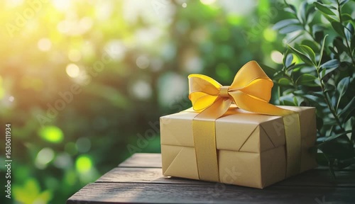Brown gift box with yellow ribbon and bow sits on rustic wood. Sunlight filters through vibrant green foliage, creating bokeh background