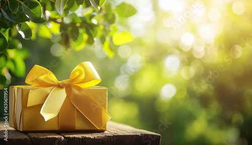 Brown gift box with yellow ribbon and bow sits on rustic wood. Sunlight filters through vibrant green foliage, creating bokeh background