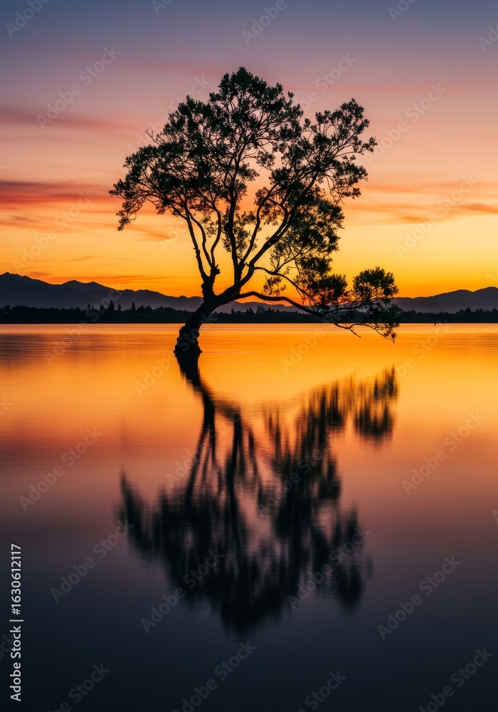 Naklejka premium Sunset Tree Reflection - Solitary tree silhouetted against a vibrant sunset, perfectly reflected in calm water. Serene nature scene