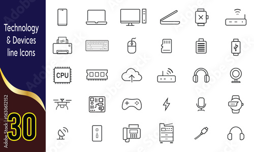 Clean Line Art Technology and Digital Device Icons, Including Laptop, Camera, VR, Drone, and More