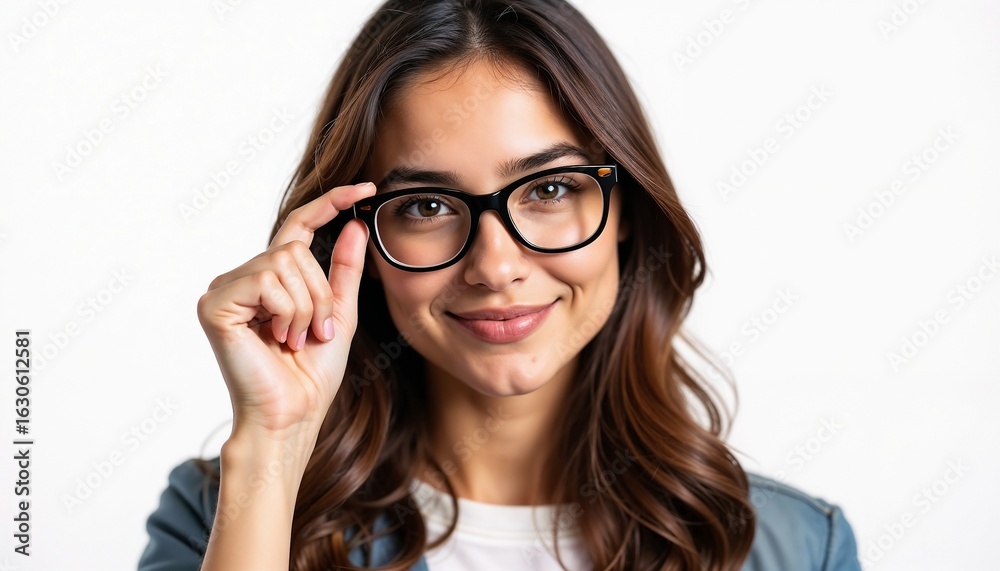 A young Hispanic woman with long brown hair wearing glasses smiles while adjusting her glasses. She has a friendly expression and is dressed casually. A young Hispanic woman with long brown hair wearing glasses smiles while adjusting her glasses. She has a friendly expression and is dressed casually.