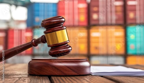 Wooden gavel rests on legal document with stacked shipping containers in background. Maritime law, international trade disputes, cargo regulations
