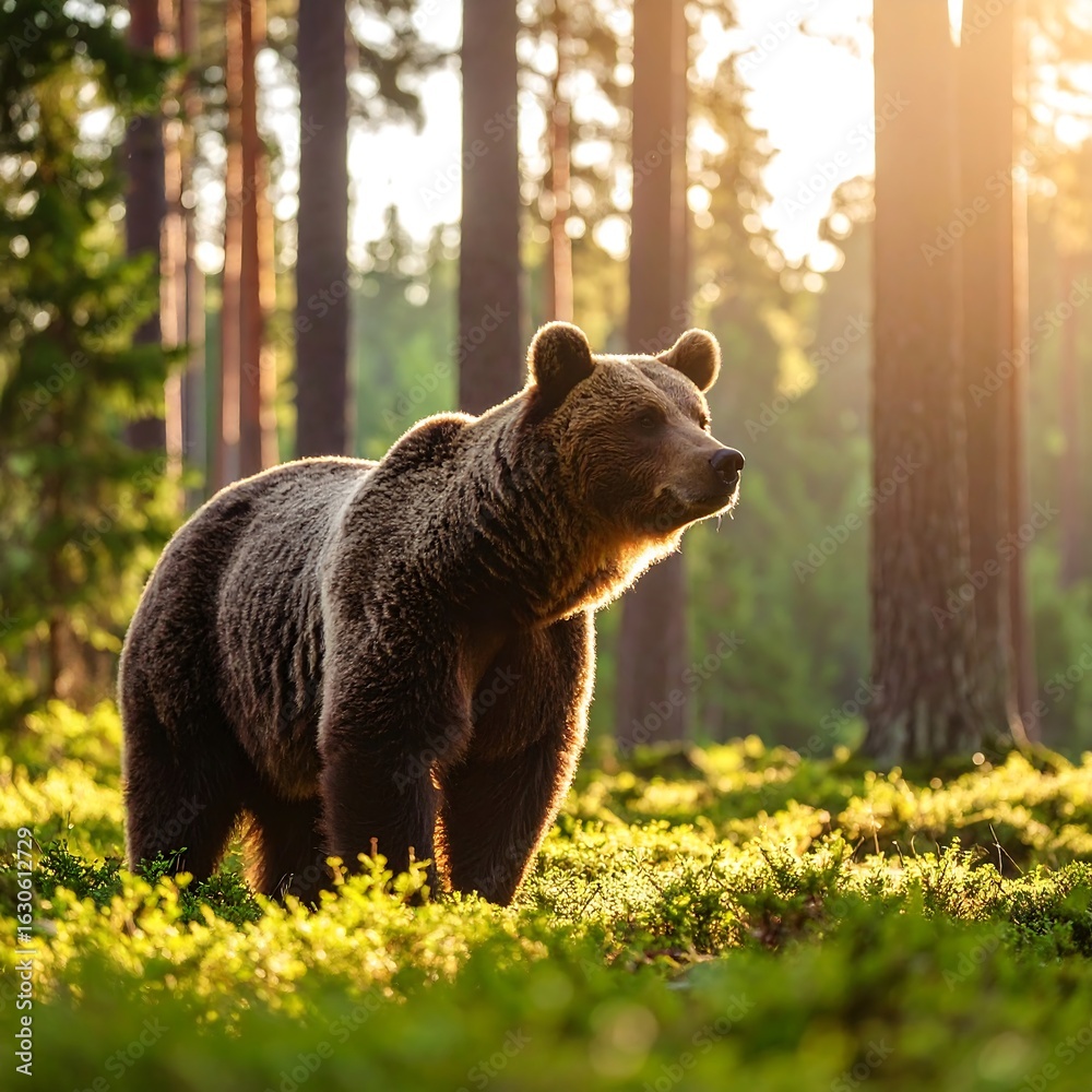 Fototapeta premium Brown bear in forest at sunset