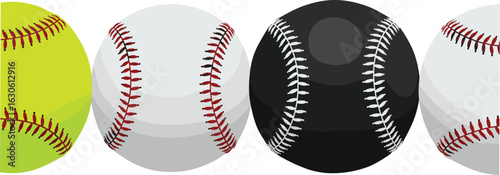 Colorful collection of baseball and softball balls, a vibrant set of vector illustrations for sports, games, and athletic-themed design projects.