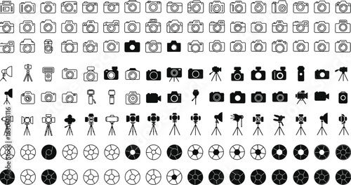 Digital cameras and photography equipment icon set, a comprehensive collection of flat vector illustrations for creative, media, and technology design projects.