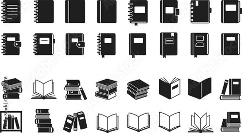 Black book and notebook vector icons, a comprehensive collection of flat illustrations for education, library, learning, and school related design projects.
