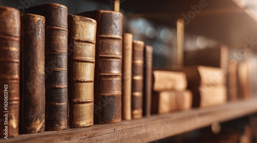 Leather-bound books on wooden shelves in a warmly lit library, evoking timeless literary charm.