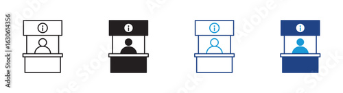 information booth icons with people and info symbols in outline and flat style , help desk customer service assistance point tourist guide booth support center icon , vector illustration .