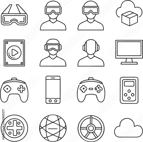 Gaming and virtual reality line icon set