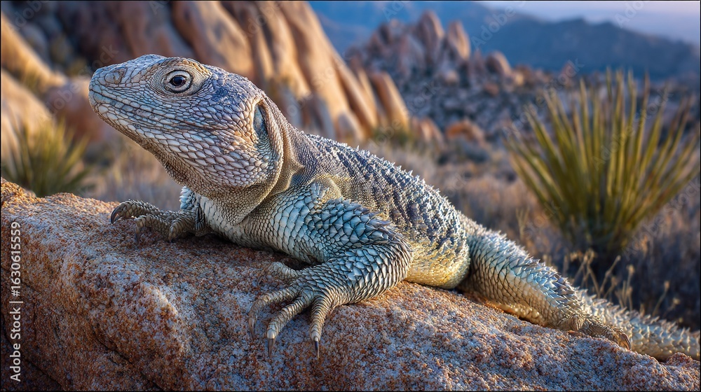 Fototapeta premium Close-up of a lizard on a rock with a mountain in the background and a cactus in front