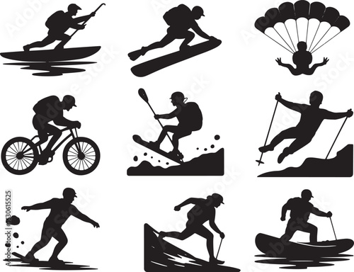 Silhouette Collection of People Practicing Extreme Sports on Transparent Background Vector