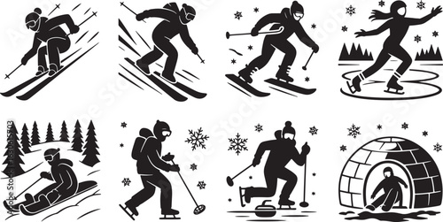 Silhouette Collection of People Practicing Winter Sports Activities on Transparent Background Vector