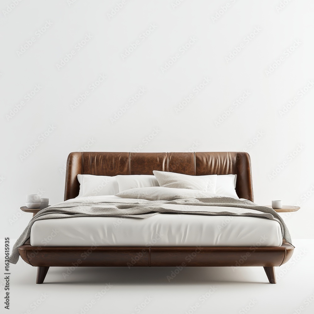 Obraz premium Luxurious brown leather upholstered bed with plush white bedding and a cozy throw blanket