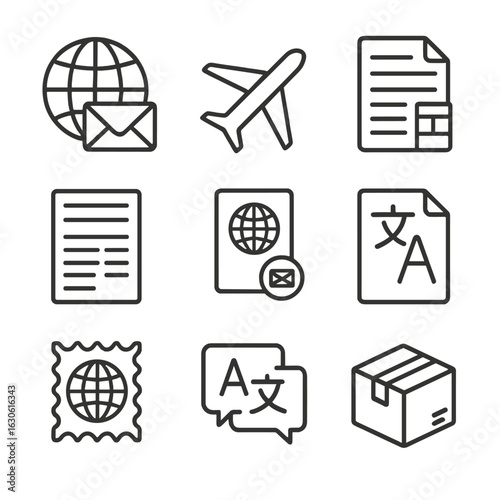 International Mail Icons. Outline style icons of International Mail: globe with envelope, airplane mail, customs declaration form,