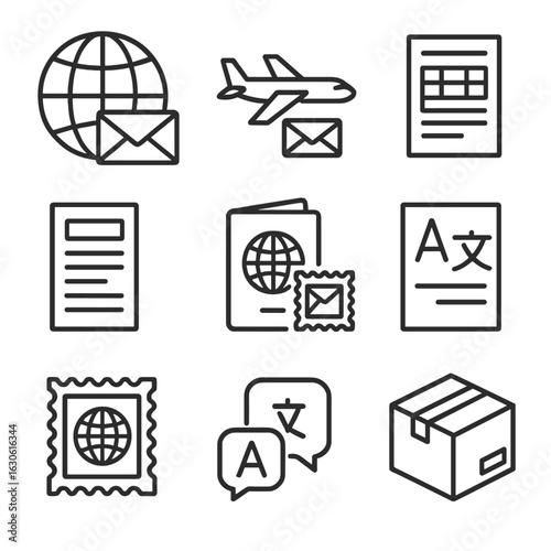 International Mail Icons. Outline style icons of International Mail: globe with envelope, airplane mail, customs declaration form,