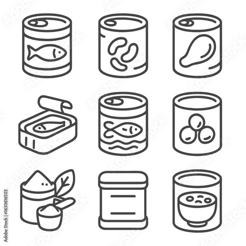 Canned Protein Icons. Line style icons of Canned Protein Foods: canned tuna, canned beans, chicken breast can, sardine tin, salmon