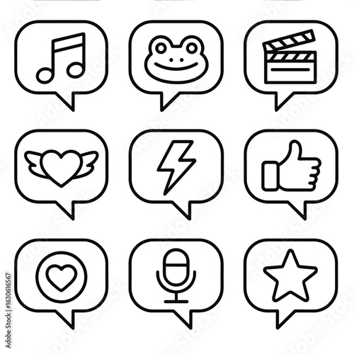 Pop Culture Speech Bubbles. Outline style icons of Pop Culture Speech Bubbles: music lyric bubble, meme icon bubble, movie quote