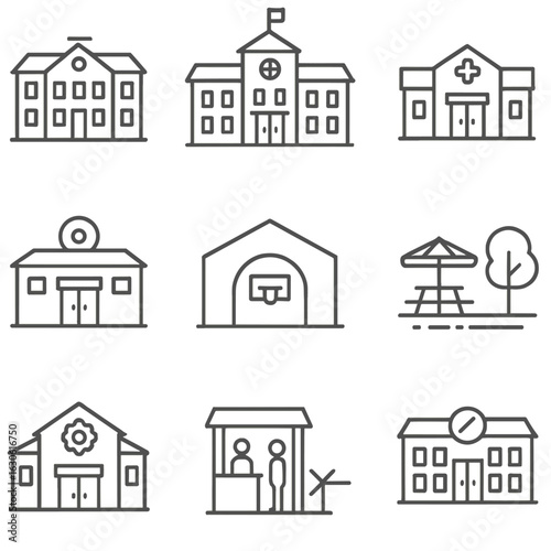 School Zones Outline Icons. Outline style icons of School Building Zones: academic wing, administration block, student service