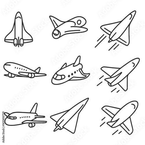 Futuristic Spaceplane Icons. Outline style icons of Space Planes and Futuristic Aircraft: space shuttle shape, futuristic wing