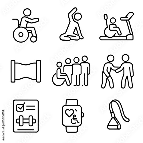 Inclusive Fitness Icons. Outline style icons of Inclusive Fitness: seated exercise icon, adapted yoga pose, accessible treadmill,