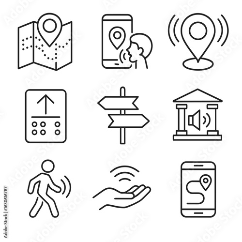 Accessibility Navigation Icons. Outline style icons of Navigation and Orientation Accessibility: tactile map, navigation with