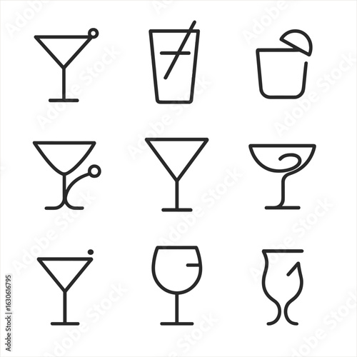 Minimalist Cocktail Icons. Outline style icons of Minimalist Cocktail Presentation: line-only glass with garnish dot, subtle