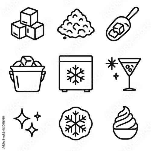 Cocktail Ice Icons. Outline style icons of Cocktail Ice and Cooling: ice cubes, crushed ice, ice scoop, ice bucket, freezer icon,