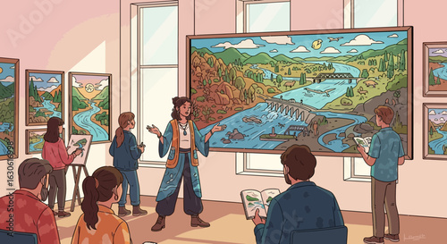 Group Attending Painting Art Gallery With Landscape Presentations And Artworks