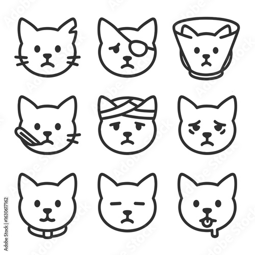 Medical Cat Icons. Outline style icons of Medical Cat Heads: injured ear, sad eye patch, medical cone, thermometer in mouth,