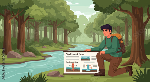 Ecological Presentation With Young Hiker In Front Of Picturesque Forest Scenery