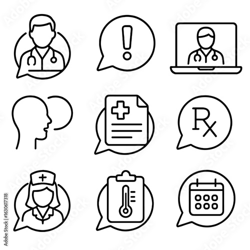 Healthcare Communication Icons. Outline style icons of Healthcare Communication: doctor chat bubble, medical alert icon,