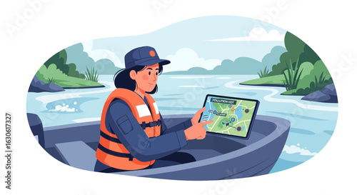 Water Quality Monitor Navigating With A Pollution Hotspots Map On Tablet