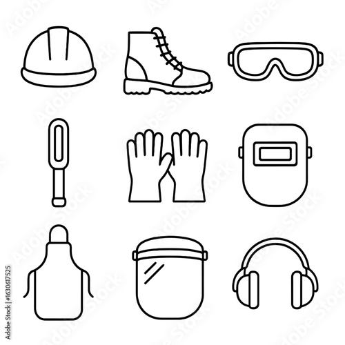 Safety Equipment Icons. Outline style icons of Metal Safety Equipment: hard hat, steel toe boot, safety goggles, metal detector