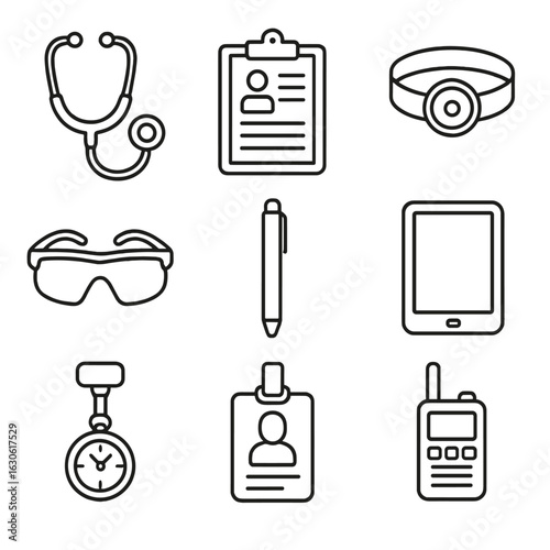 Medical Gear Icons. Outline style icons of ICU Nurse and Doctor Gear: stethoscope, clipboard with patient sheet, headlamp,