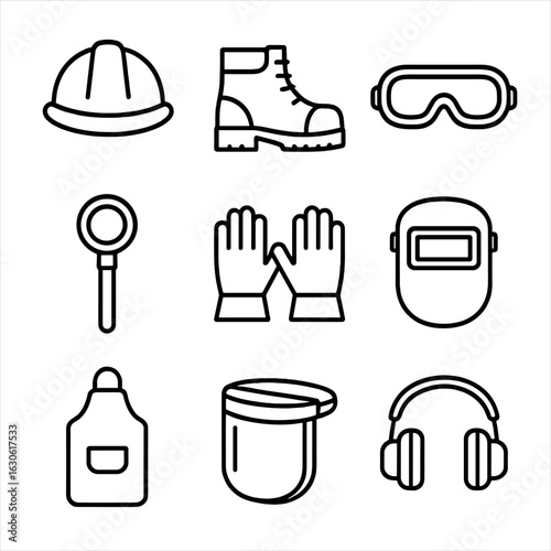 Safety Equipment Icons. Outline style icons of Metal Safety Equipment: hard hat, steel toe boot, safety goggles, metal detector