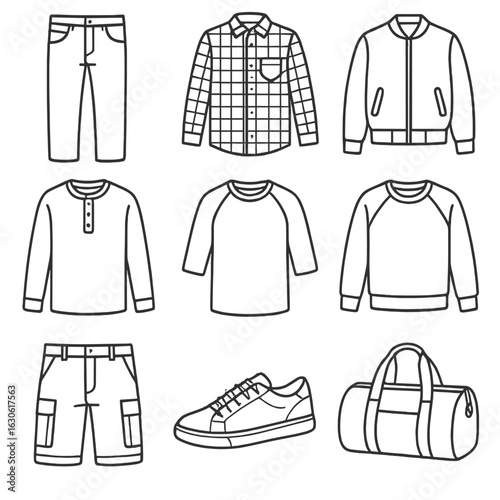 Men's Casual Wardrobe Icons. Outline style icons of Men’s Casual Fashion: relaxed jeans, flannel shirt, bomber jacket, henley