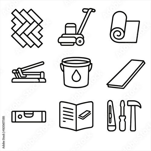 Flooring Installation Icons. Outline style icons of Flooring Installation: parquet pattern, floor sanding machine, underlayment