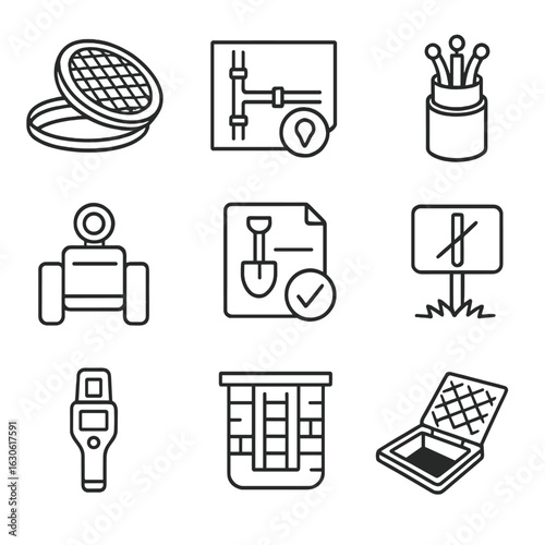 Underground Utility Icons. Outline style icons of Underground Utility Maintenance: manhole cover, pipeline mapping, fiber optic