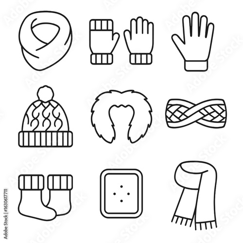 Winter Accessory Icons. Outline style icons of Winter Accessories: infinity scarf, hand warmers, touch-screen gloves, cable knit
