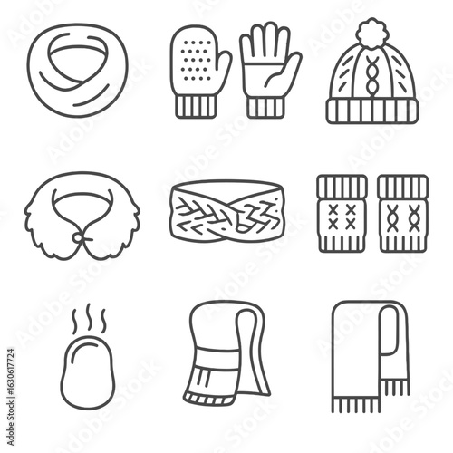 Winter Accessory Icons. Outline style icons of Winter Accessories: infinity scarf, hand warmers, touch-screen gloves, cable knit