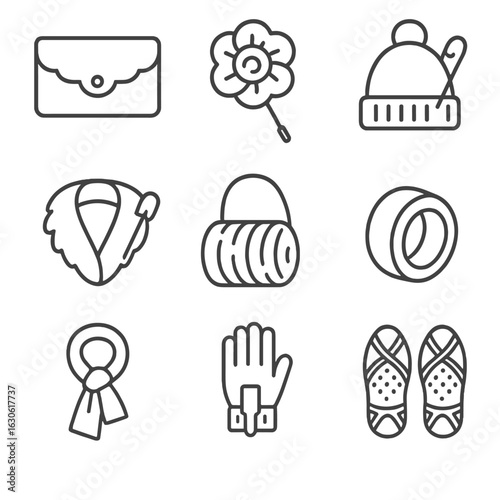 Winter Fashion Accessories. Outline style icons of Fashion Accessories for Cold: winter clutch bag, wool brooch, beanie pin, fur
