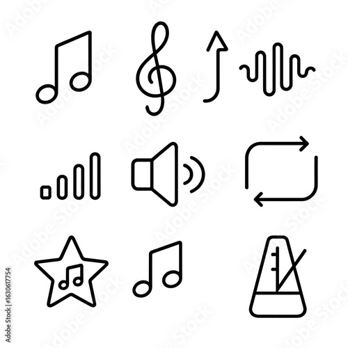Music Icons Collection. Outline style icons of Music Notation and Sound: eighth note, treble clef, music tempo icon, wave symbol,