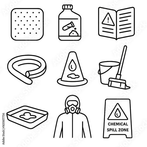 Spill Response Icons. Outline style icons of Spill Response: absorbent pad, chemical neutralizer, spill response guide,