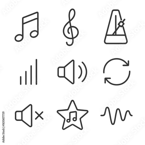 Music Icons Collection. Outline style icons of Music Notation and Sound: eighth note, treble clef, music tempo icon, wave symbol,