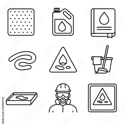 Spill Response Icons. Outline style icons of Spill Response: absorbent pad, chemical neutralizer, spill response guide,