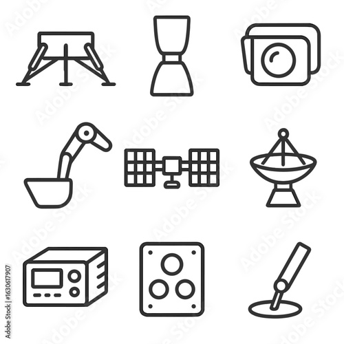 Space Robotics Icons. Outline style icons of Space and robotics: interplanetary lander legs, descent thruster nozzle, hazard