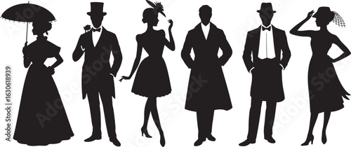 Elegant Silhouette Collection of Formal Attire Figures Dressed in Sophisticated Outfits and Accessories