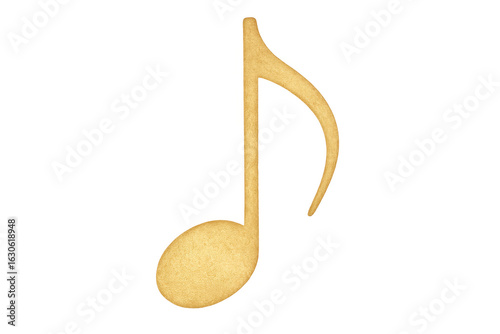 Golden cookie shaped like an eighth note, fusing music and pastry ideas against a clear backdrop