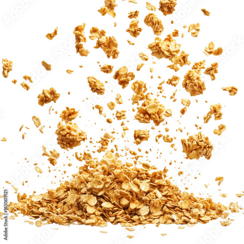 Crunchy granola falling from above forming a delicious heap on a transparent background